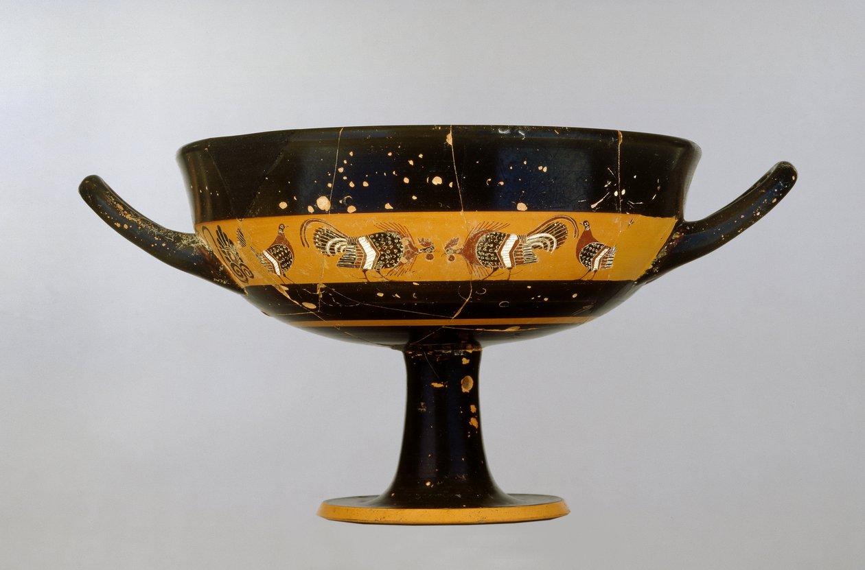 Attische zwartfigurenbandbeker versierd met een hanengevecht, door de Tleson Schilder door Greek