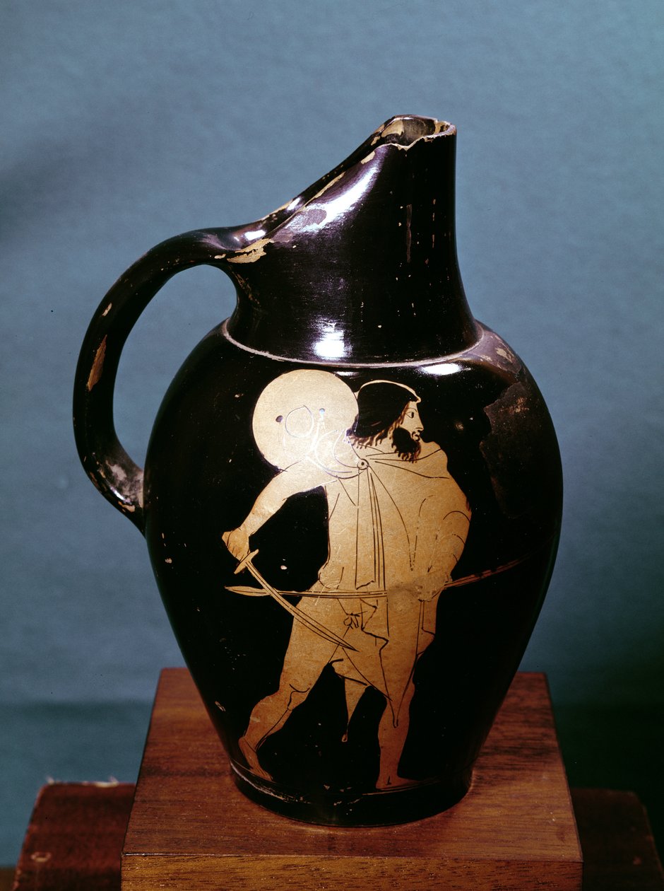 Attische roodfigurige oinochoe die Ulysses afbeeldt die de tovenares Circe achtervolgt met zijn zwaard (keramiek) door Greek