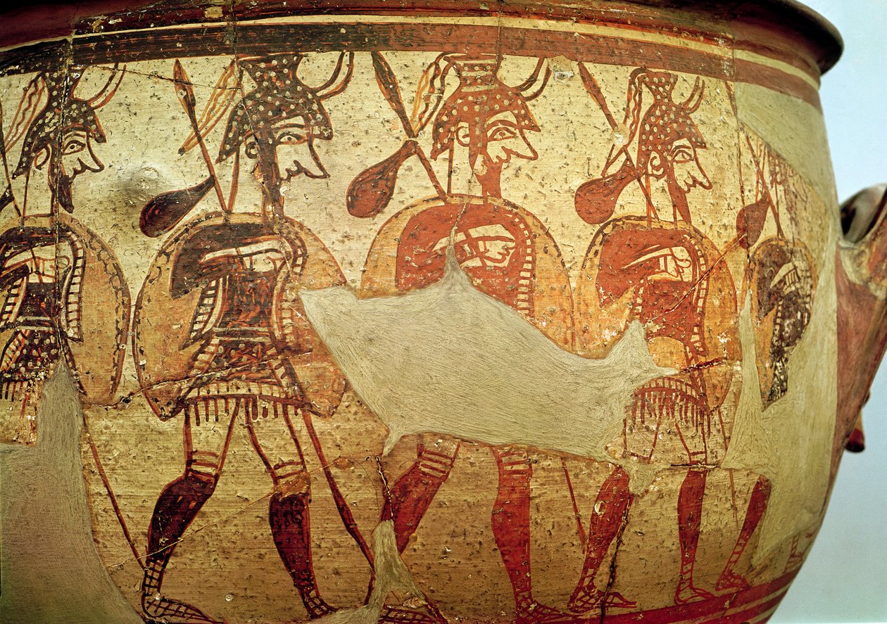 Detail van een roodfigurige krater met krijgers door Greek