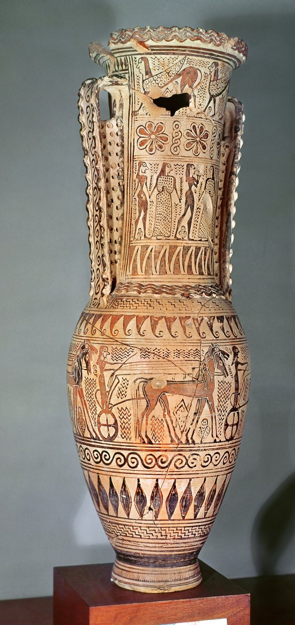 Loutrophoros met een sfinx, diverse figuren en een parade van strijdwagens, Proto-Attisch, c.690 v.Chr. door Greek