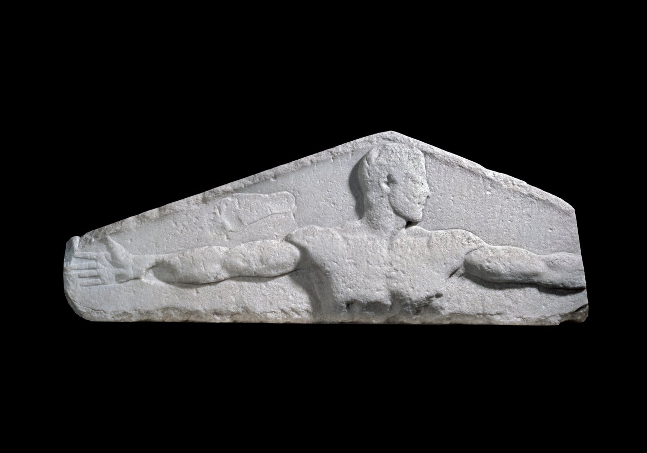 Metrologisch reliëf met standaardlengte van een vadem (uitgestrekte armen van een jongeling) en een voet, 460-450 v.Chr. (marmer) door Greek
