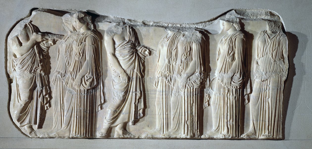 Organisatoren en ergastines (peplos-dragers), sectie van de Grote Panathenaeïsche processie van de oostelijke fries van het Parthenon, c.442-438 v.Chr. door Greek