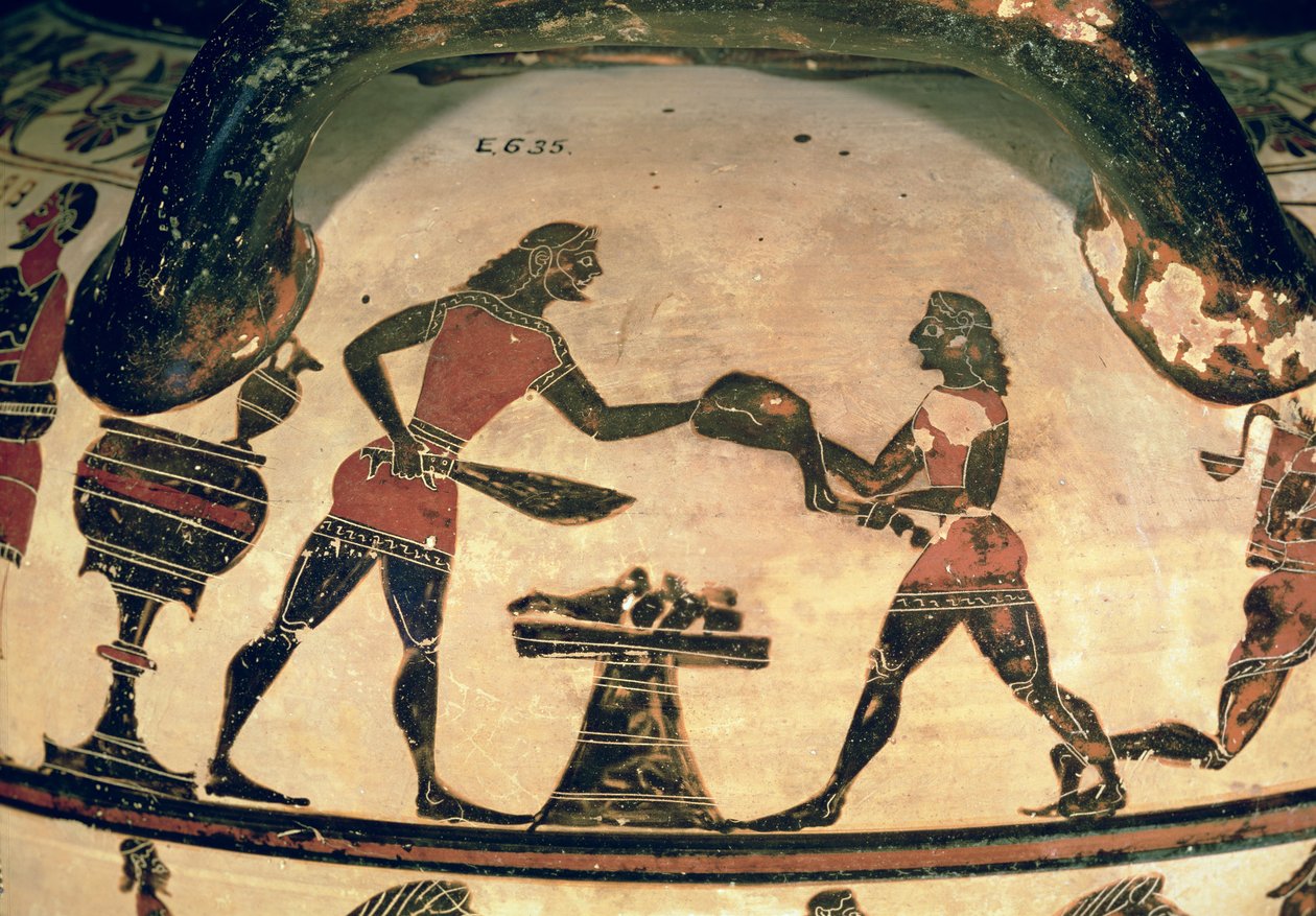 Dienaren bereiden voedsel voor een symposium, detail van een vroege Korinthische zwartfigurige kolom-krater, uit Cerveteri, ca. 600 v.Chr. (detail) door Greek
