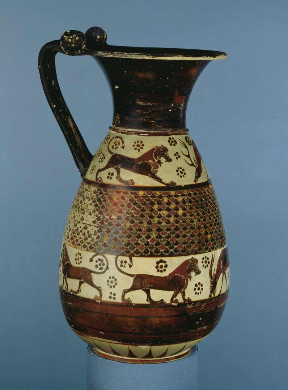 Overgangs Protocorintische-Corintische olpe versierd met een dierenfries, uit Camirus, Rhodos, ca. 640-625 v.Chr. door Greek