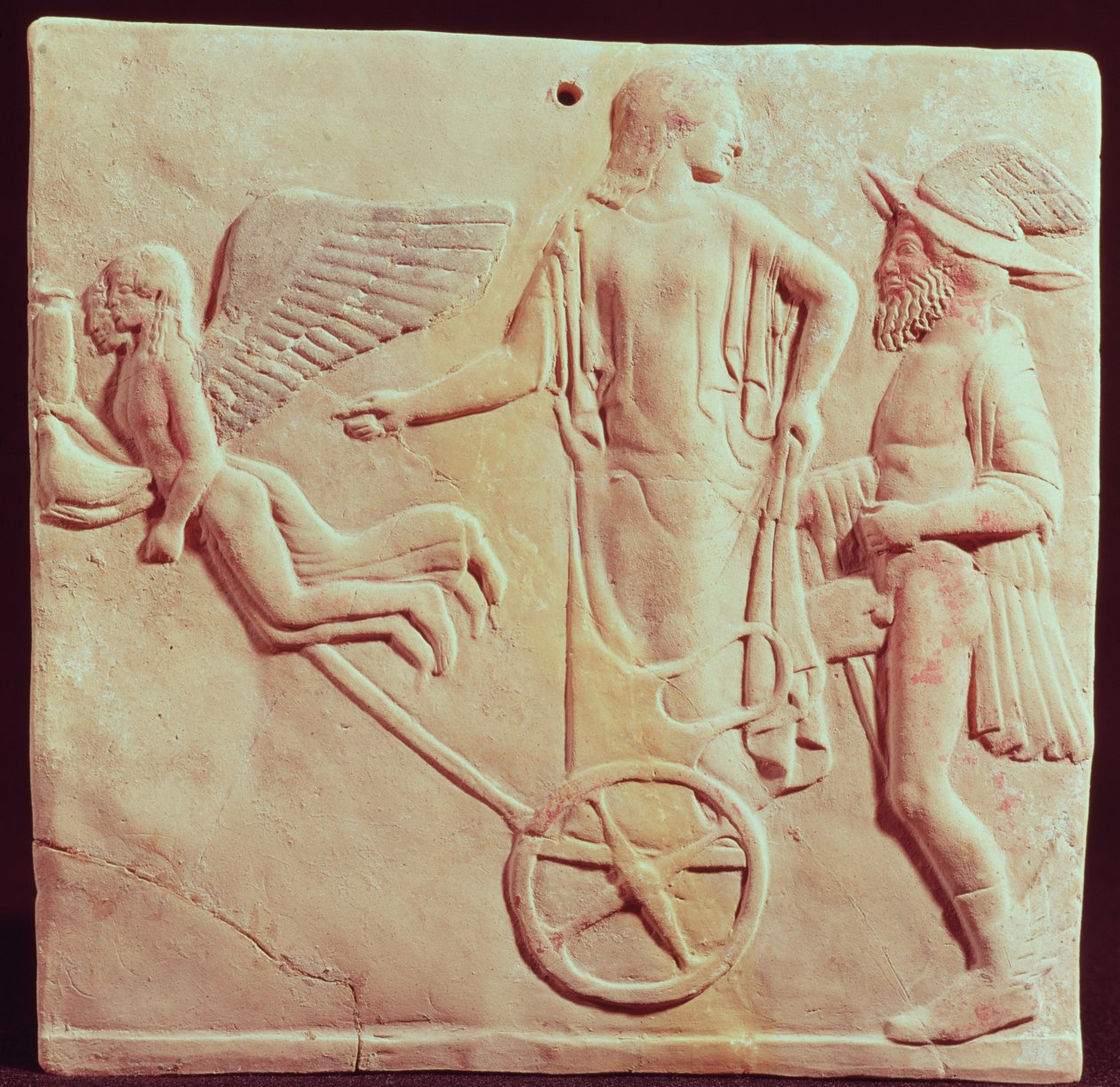 Aphrodite en Hermes rijden op een wagen getrokken door Eros en Psyche, 470 v.Chr. door Greek