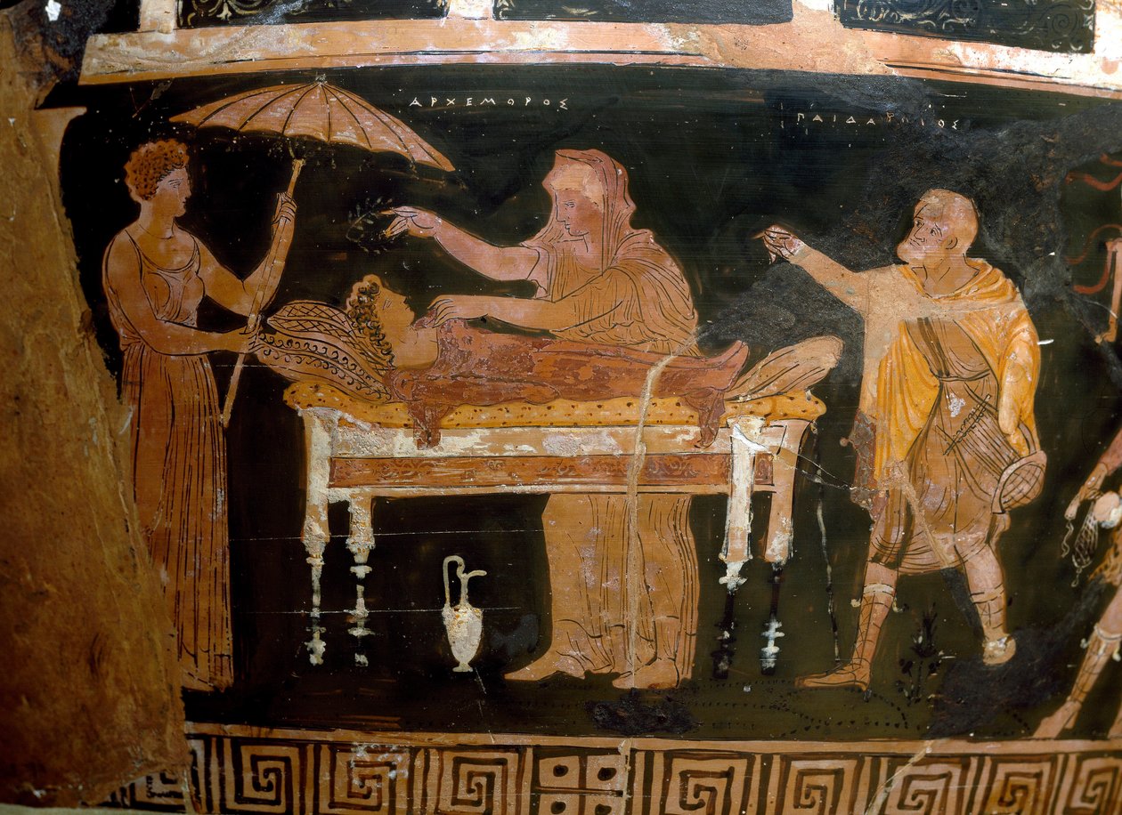 Griekse Kunst: Vaas van Arhemore: de Begrafenis van Arhemore (Opheltes) Schilderij door de schilder van Darius. Uit Ruvo. 4e eeuw v.Chr. door Greek