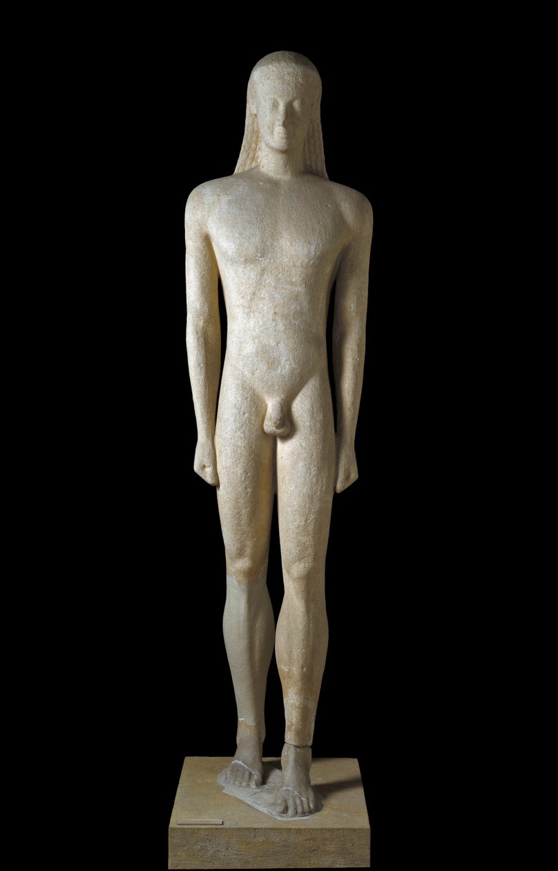 Griekse kunst: standbeeld van Kouros, beeldhouwwerk van een jonge man uit de archaïsche periode (650-500 v.Chr.), 530-520 v.Chr., van Melos door Greek