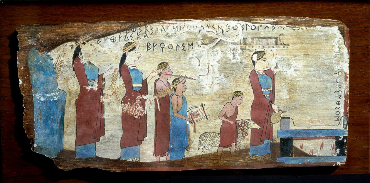 Griekse oudheden: offer van een lam. Houtschildering uit Sicyon in de Golf van Korinthe. 6e eeuw v.Chr. Athene, Nationaal Archeologisch Museum door Greek