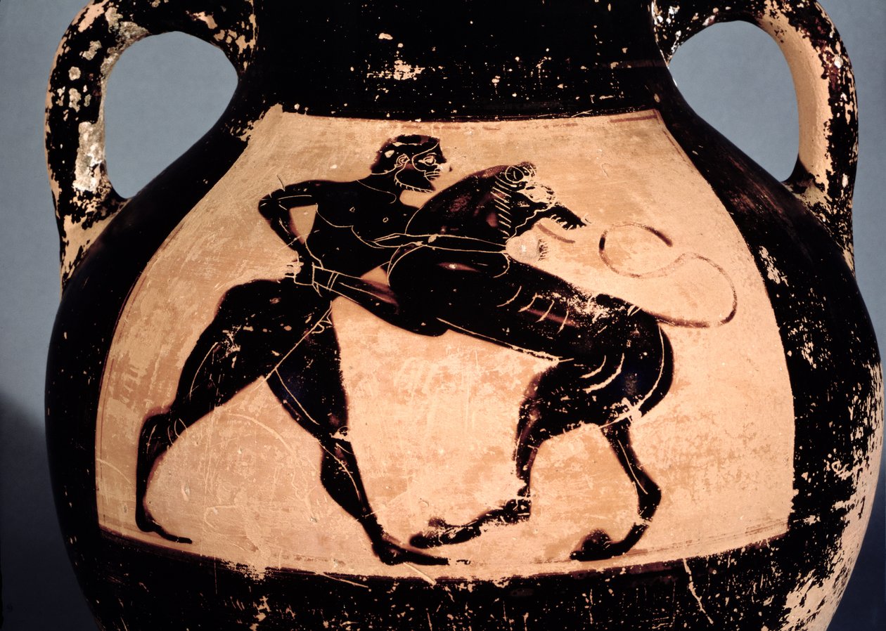 Herakles worstelt met de Nemeïsche leeuw, detail van een Attische zwartfigurige amfora door Greek