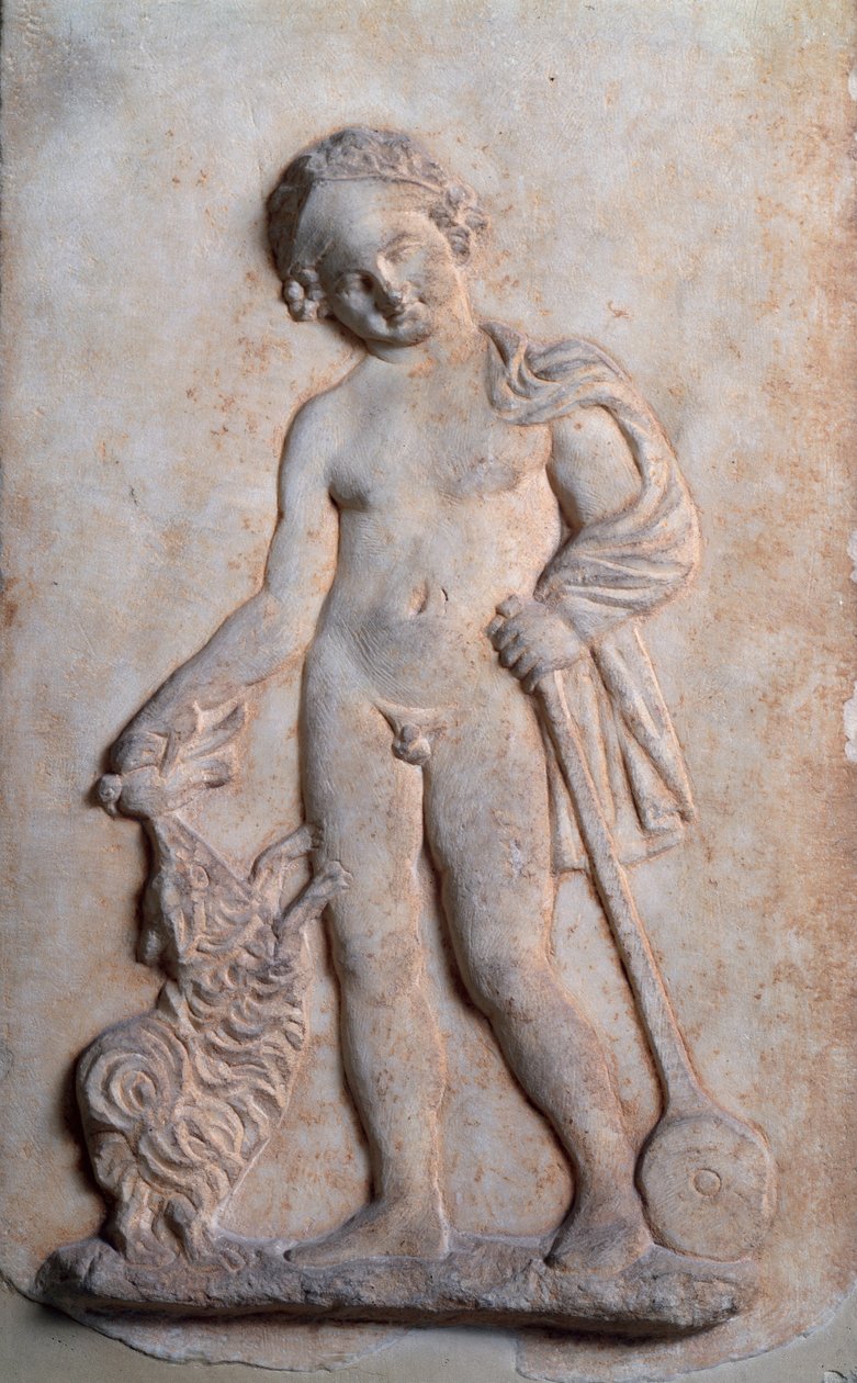 Magna Graecia: jongetje dat speelt, marmeren reliëf, 5e eeuw v.Chr. door Greek