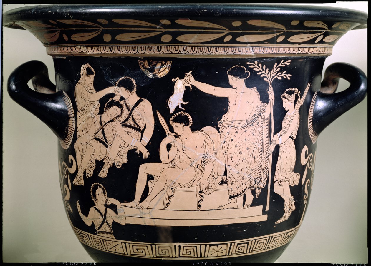 Orestes als Smekeling bij het Heiligdom van Apollo in Delphi, detail van een Attische roodfigurige krater, toegeschreven aan de Apulische Eumenides Schilder door Greek