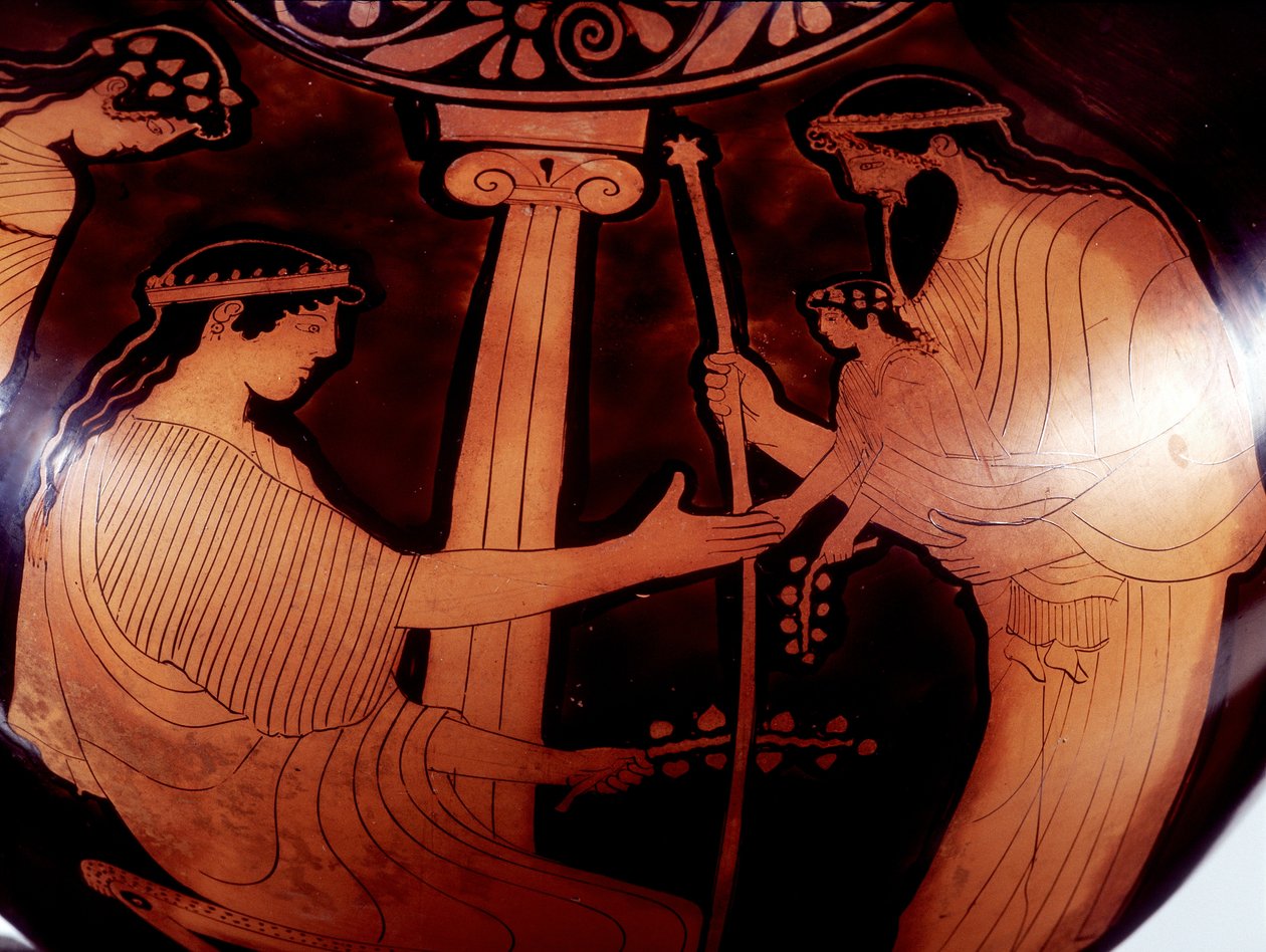 Schilderij op vaas: Jupiter (Zeus) presenteert de jonge Dionysus (Bacco) aan twee vrouwen. 480 v.Chr. BNF, Medaillekabinet door Greek