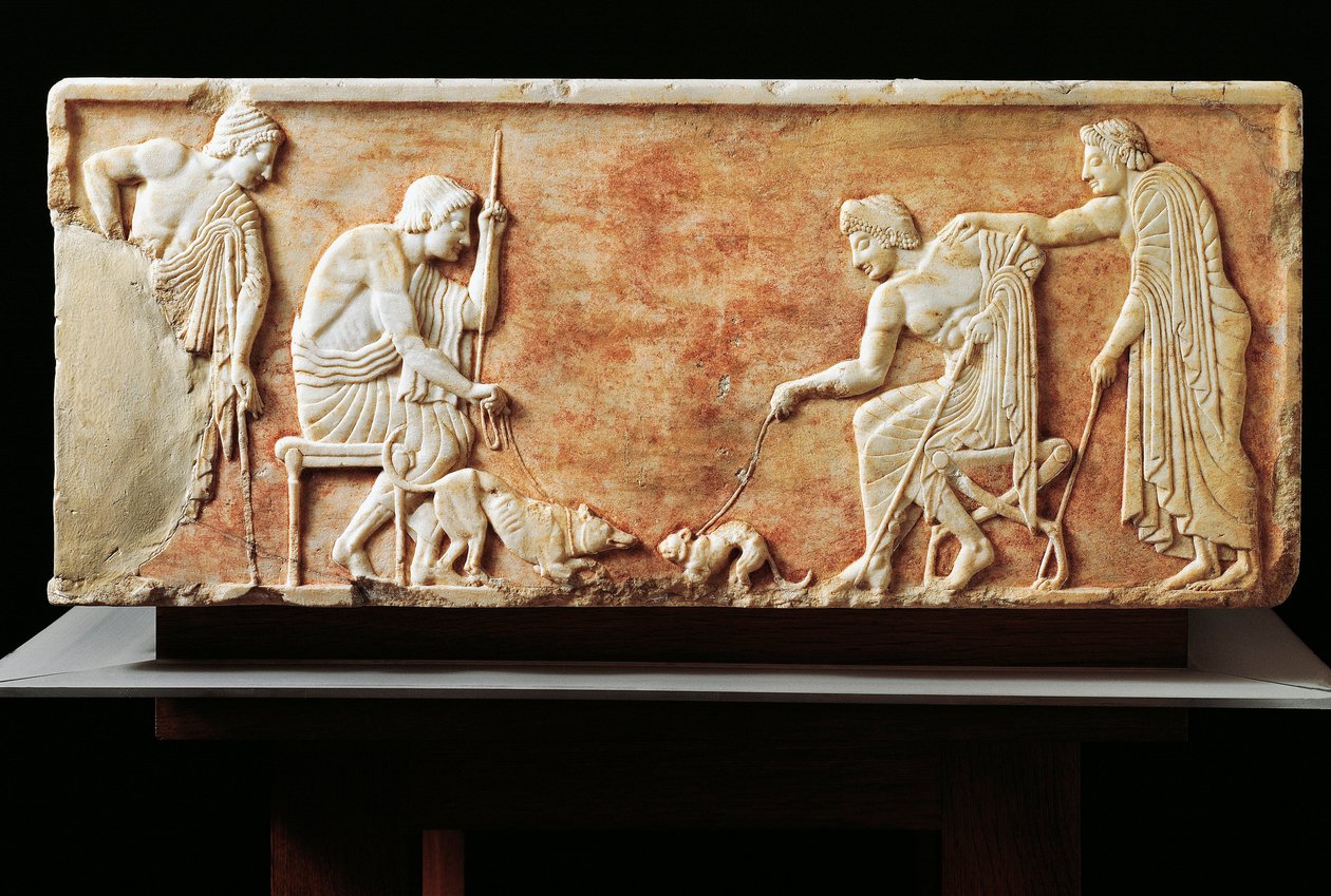 Stele die gevecht tussen hond en kat uitbeeldt, 510 v.Chr. (reliëf) door Greek