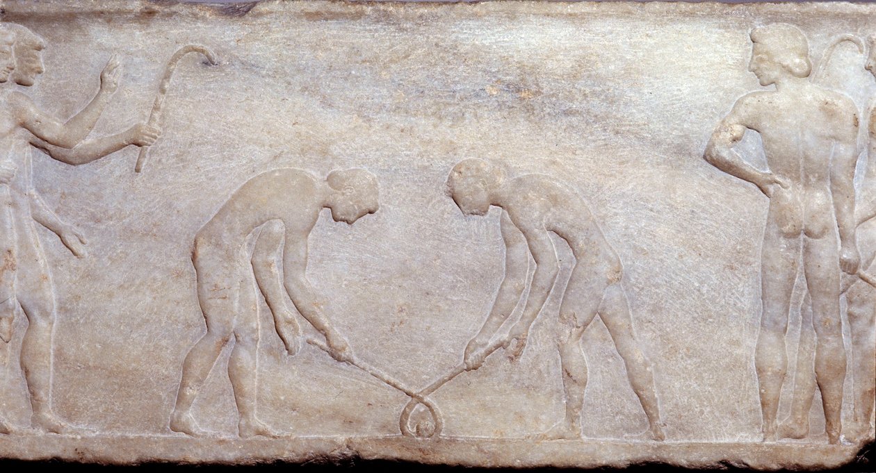 Kunst van het oude Griekenland: Balspel met lacrosse (principe van het huidige hockey) door Greek