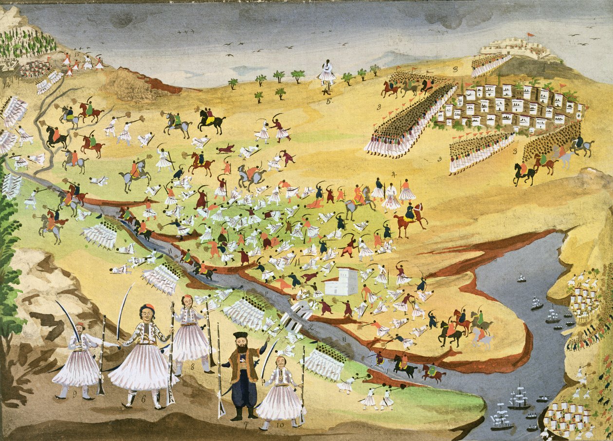 Eerste slag tussen Grieken en Turken, bij de Alamana-brug in 1821, uit de Pictorial History of the Greek War of Independence door Greek School