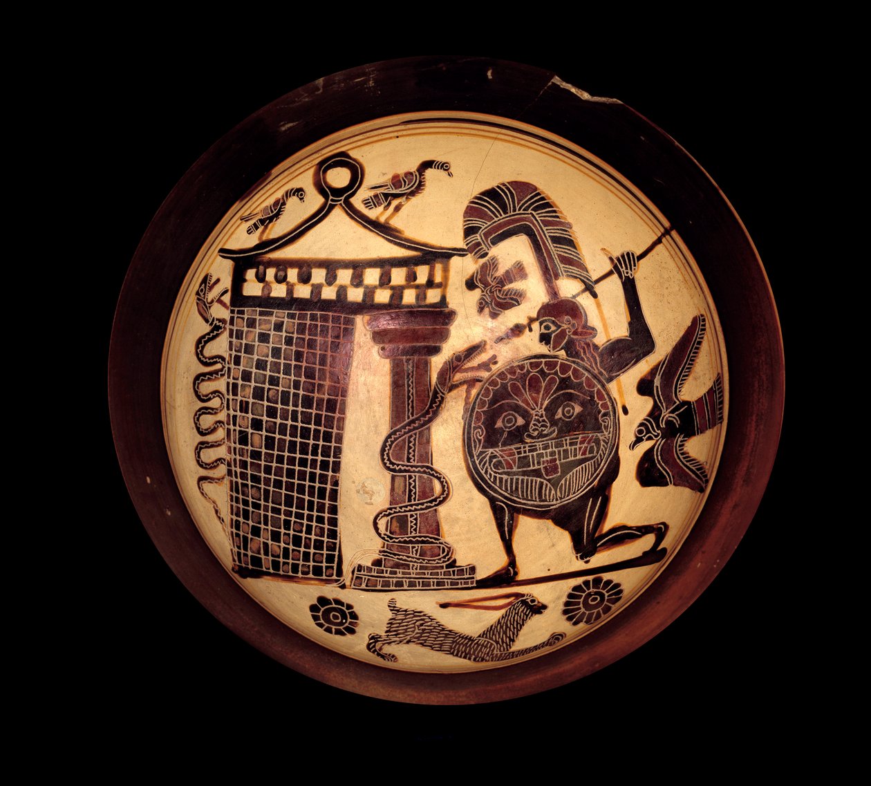 Griekse kunst: Laconische beker met zwarte figuren die Cadmos vechtend met de draak van Thebe of Apollo en de slang Python voorstellen door Greek School