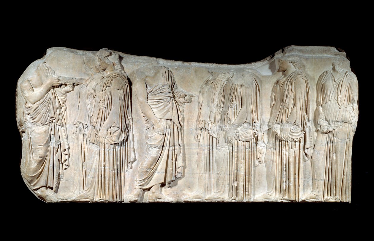 Griekse kunst: fragment van de fries van het Parthenon: processie van het feest van de Grote Panatheneeën: autorisatoren en ergastines. Klassieke periode. Parijs, Louvre Museum door Greek School