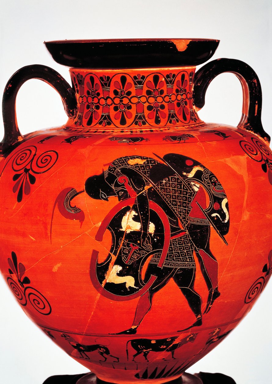 Griekse beschaving, 6e eeuw v.Chr. Zwartfigurige keramiek. Amfoor met Ajax die het lichaam van Achilles draagt. door Greek School