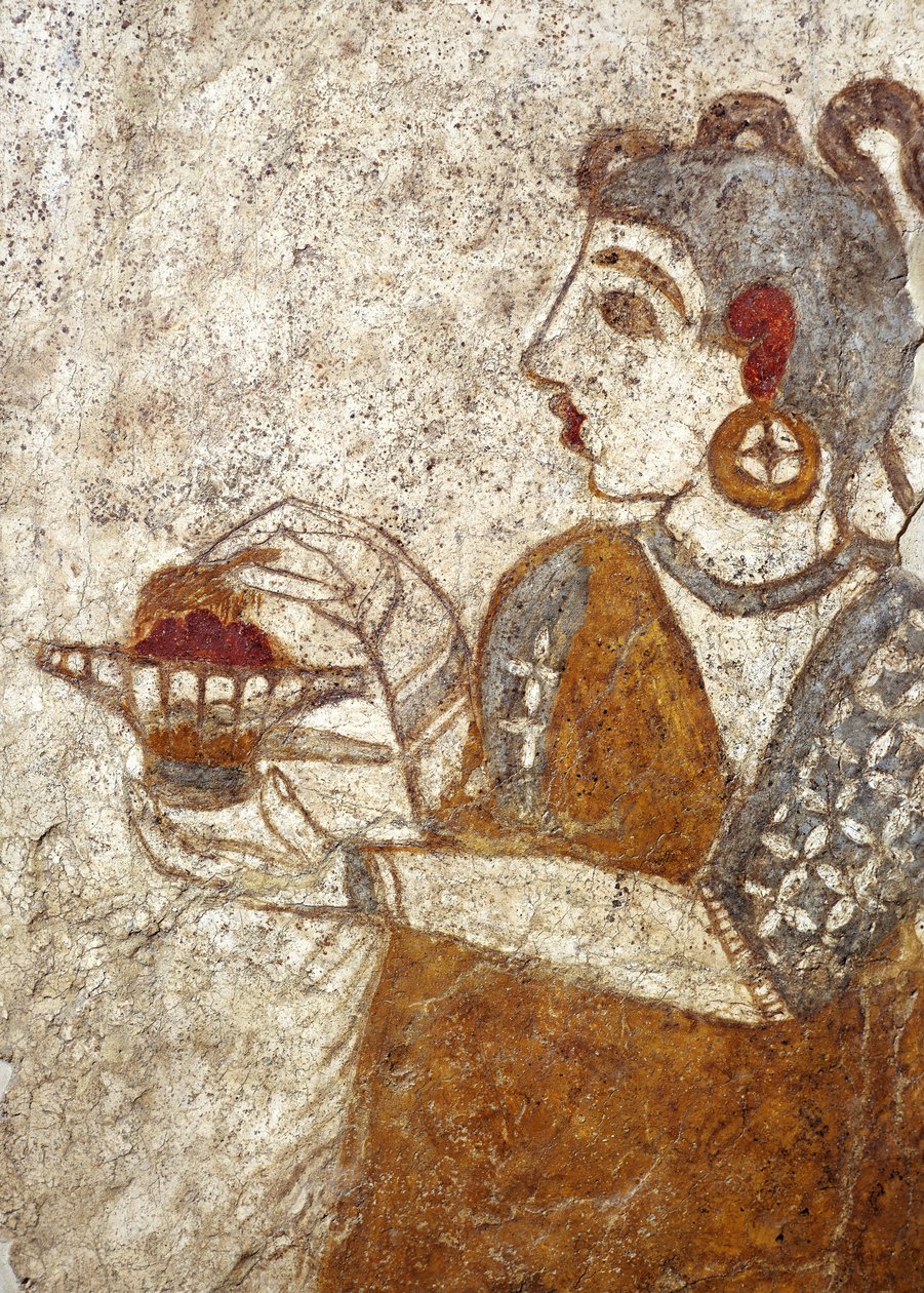 Griekse beschaving, fresco met priesteres die wierook brandt, uit Akrotiri, Thera-eiland, Santorini, Griekenland door Greek School