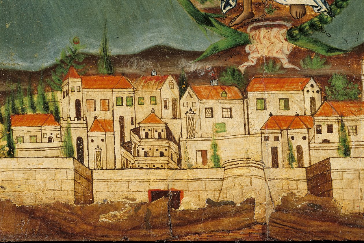 Pelmet die de Wedergeboorte van Griekenland uitbeeldt, detail van Constantinopel, van Syros, Cycladen door Greek School
