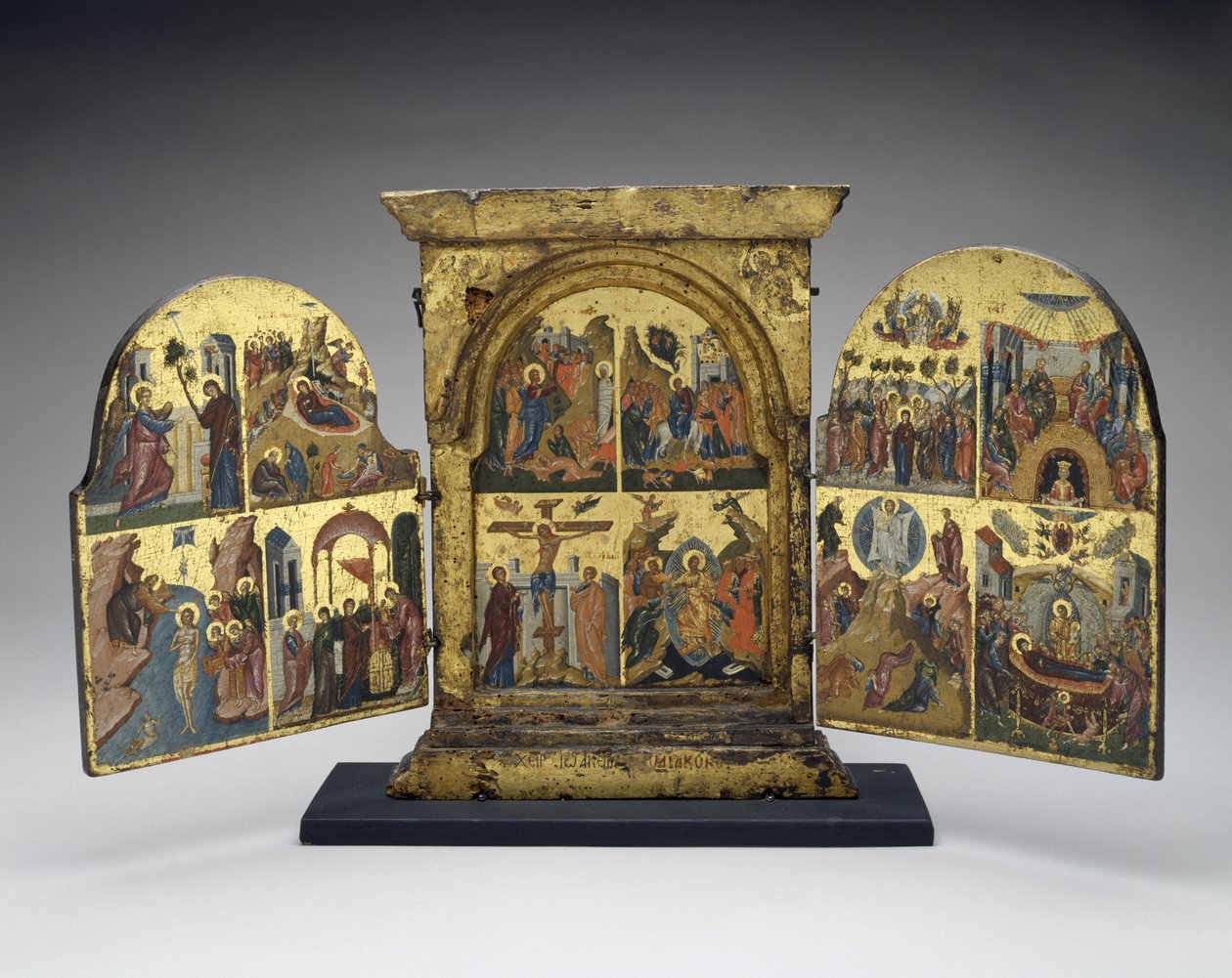 Opwekking van Lazarus; Intocht in Jeruzalem; Kruisiging; Nederdaling van Christus in de hel (middenpaneel) door Greek School