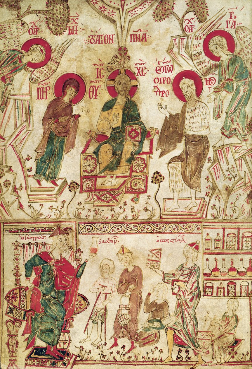 De Byzantijnse dokter Myrepsos ontvangt de patiënten, uit een Grieks manuscript, 13e eeuw door Greek School