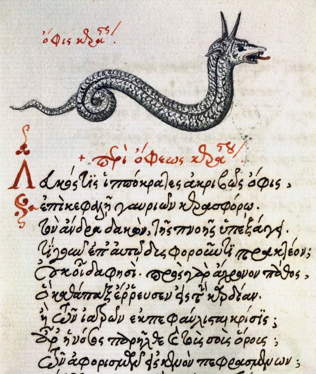 Verhandeling over Basilisk, test en miniatuur uit De animalium natura et proprietate libellus, door Aelianus door Greek School