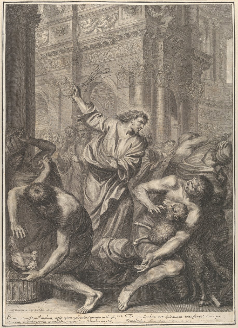 Christus verdrijft de kooplieden uit de tempel, uit *De Passie van Christus*, plaat 3 door Gregoire Huret