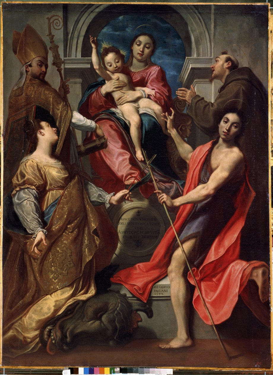 Maagd en kind met heiligen Franciscus van Assisi, Johannes de Doper, Margaretha en Gregorius de Grote door Gregorio Pagani