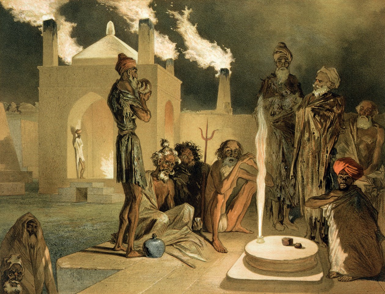 Ateseh-Gah, Indiërs toegewijd aan de cultus van vuur, Baku, plaat 44 uit een boek over de Kaukasus, gegraveerd door Leroux, uitgegeven door Alfred Leon Lemercier, 1847 door Grigori Grigorevich Gagarin