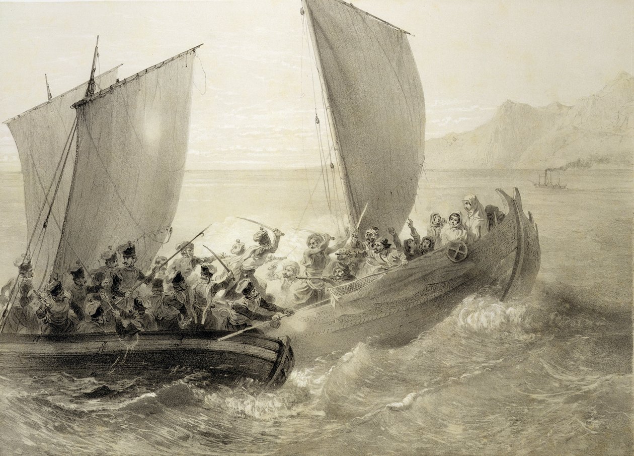 Azov Kozakken Enteren een Turkse Kaper vol met Tsjerkessische vrouwen aan de Kust van de Zwarte Zee, gegraveerd door Adolphe Bayot en Leon Sabatier, uitgegeven door Alfred Leon Lemercier, 1847 door Grigori Grigorevich Gagarin