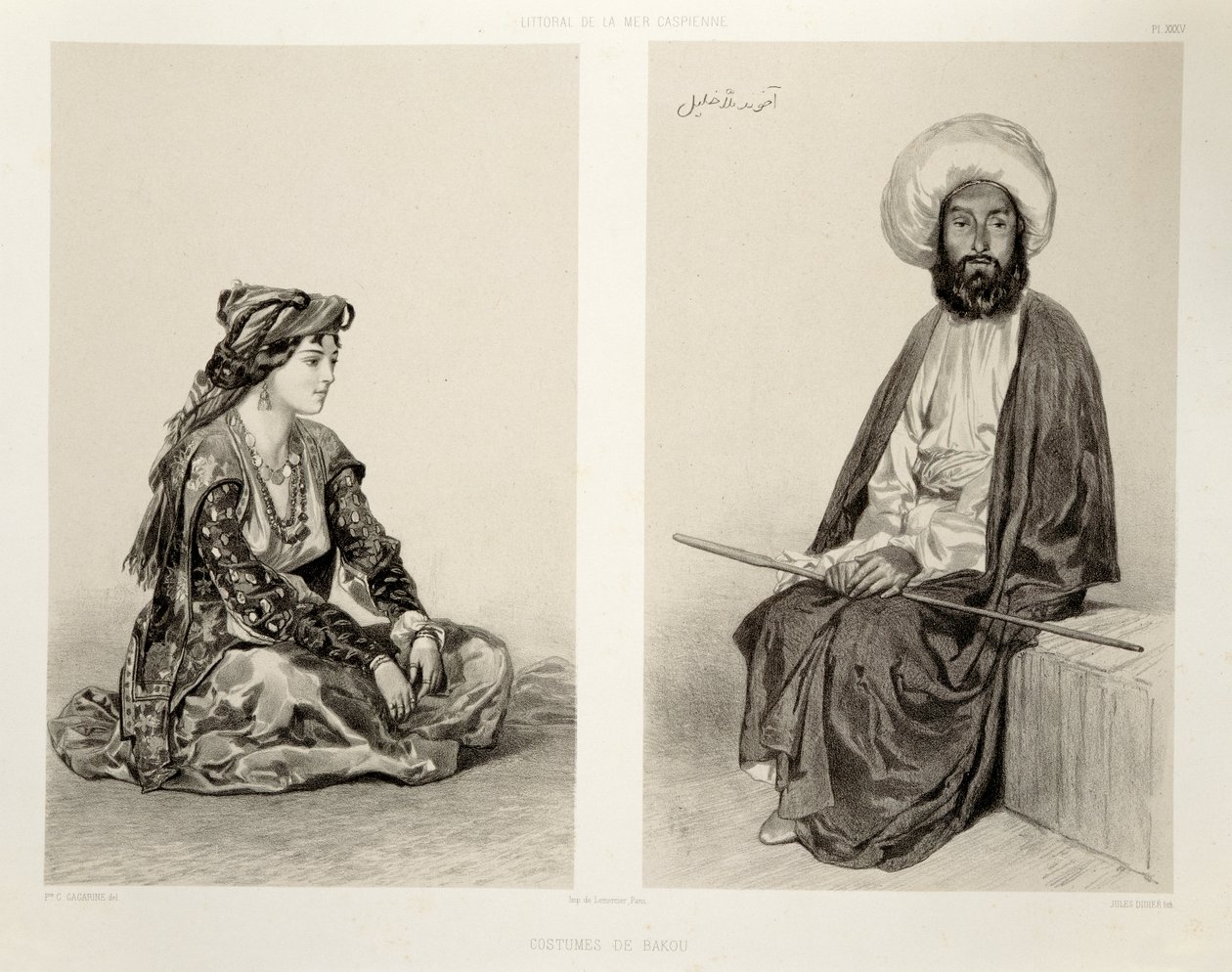 Kostuums van Baku, Kaspische kust, plaat 35 uit een boek over de Kaukasus, gegraveerd door Jules Didier, gepubliceerd door Alfred Leon Lemercier, Parijs, 1847 door Grigori Grigorevich Gagarin