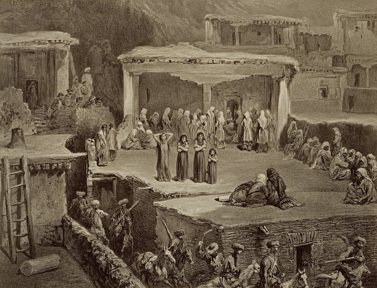 Begrafenisceremonie in de ruïnes van Akhaltchi, Dagestan, plaat 70 uit een boek over de Kaukasus, gegraveerd door Eugene Le Roux, gepubliceerd door Alfred Leon Lemercier, Parijs door Grigori Grigorevich Gagarin