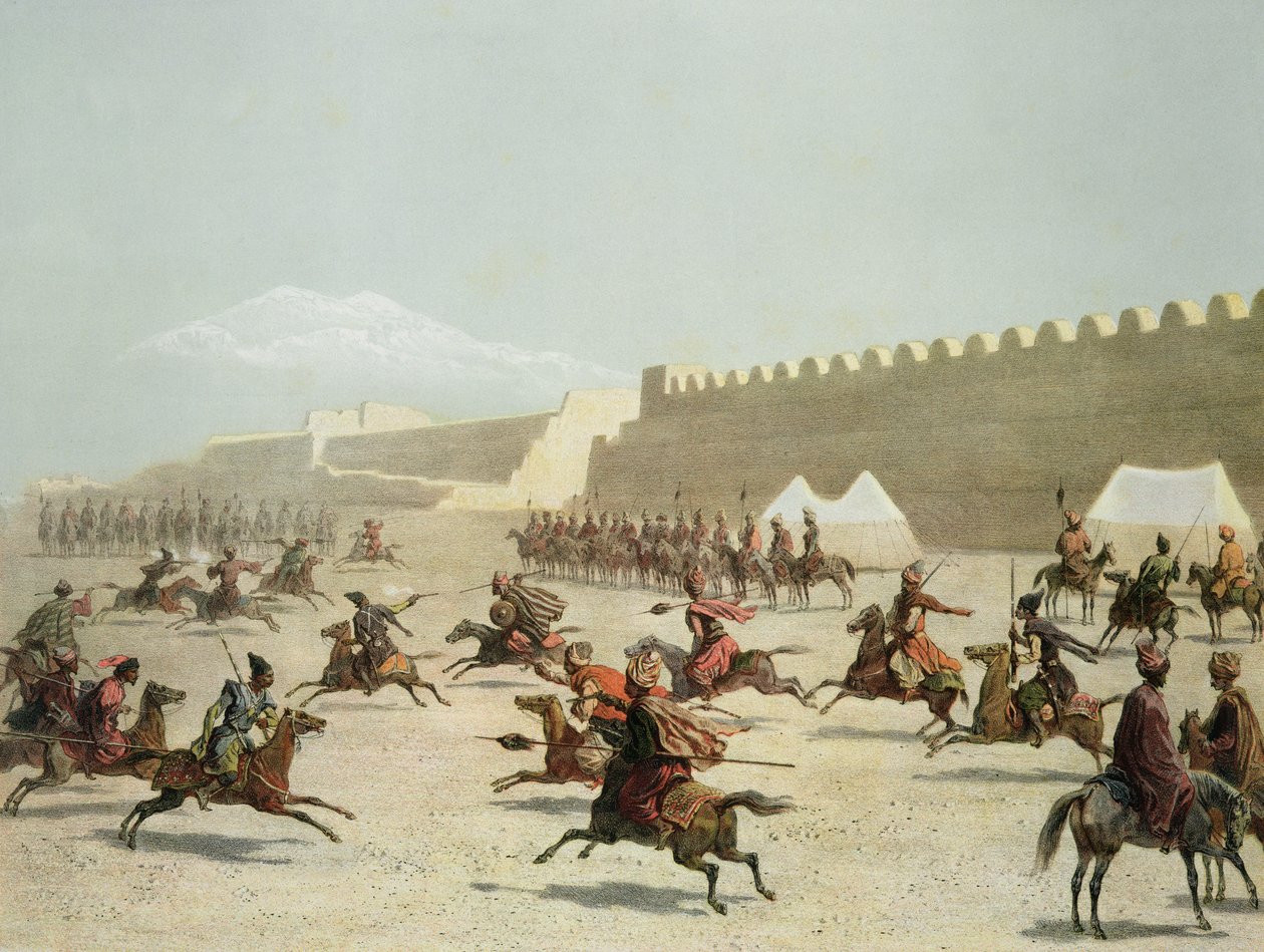 Koerdische en Tataarse krijgers bij Sadar Abbat, Armenië, plaat 15 uit een boek over de Kaukasus, Rayot en Jacottet, gepubliceerd door Alfred Leon Lemercier, Parijs, 1847 door Grigori Grigorevich Gagarin