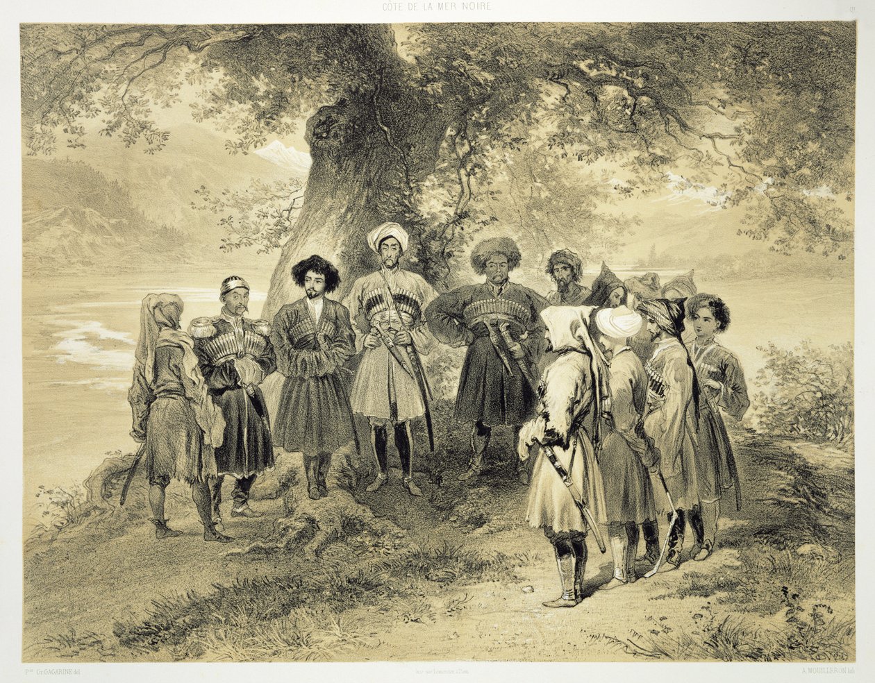 Reünie van Tcherkesse prinsen, Sodja-vallei, aan de Zwarte Zee, plaat 3 uit een boek over de Kaukasus, gegraveerd door Adolphe Mouilleron (1820-81), gepubliceerd door Alfred Leon Lemercier, Parijs, 1847 door Grigori Grigorevich Gagarin