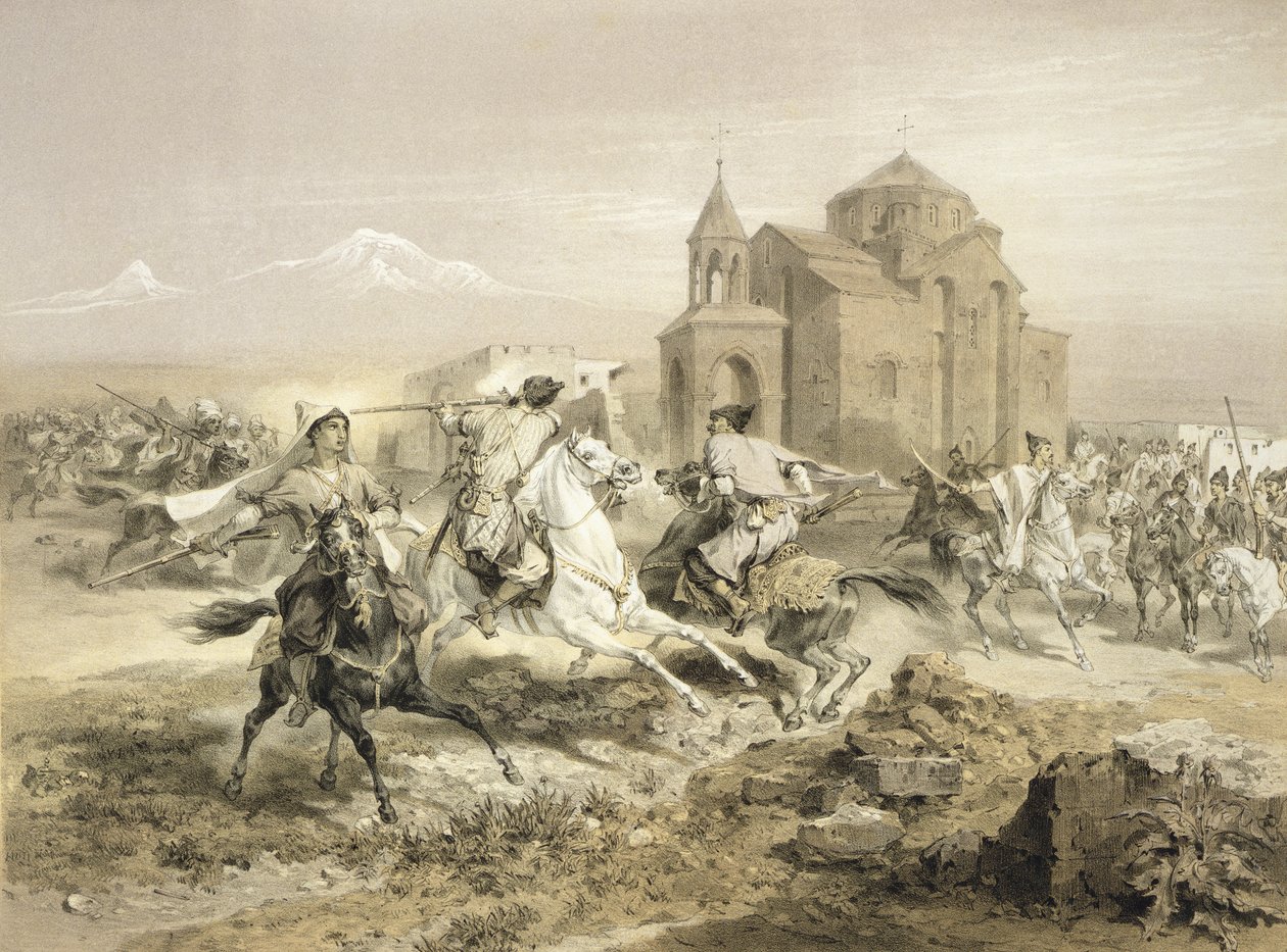 Schermutseling van Perzen en Koerden in Armenië, plaat 13 uit een boek over de Kaukasus, gegraveerd door Adolphe Jean-Baptiste Bayot, gepubliceerd door Alfred Leon Lemercier, Parijs, 1847 door Grigori Grigorevich Gagarin