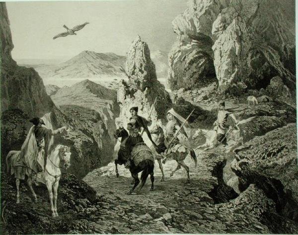 Een Valkenjacht nabij Jerevan, Armenië, plaat 20 uit een boek over de Kaukasus, gegraveerd door Eugene Ciceri (1813-90) en Adolphe Jean-Baptiste Bayot (1810-66), gepubliceerd door Alfred Leon Lemercier, Parijs door Grigori Grigorevich (after) Gagarin