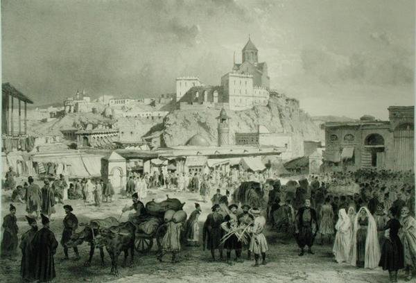 De Bazaar op het Maidan-plein, Tiflis, Georgië, plaat 25 uit een boek over de Kaukasus, gegraveerd door Adolphe Jean-Baptiste Bayot (1810-66) en Eugene Ciceri (1813-90), gepubliceerd door Alfred Leon Lemercier, Parijs door Grigori Grigorevich (after) Gagarin
