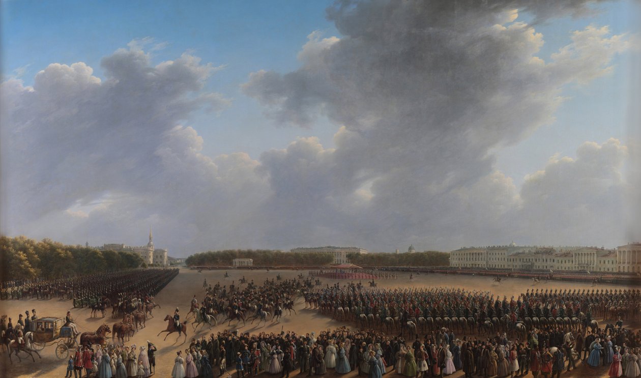 Parade ter viering van het einde van militaire actie in het Koninkrijk Polen op Tsaritsa Meadow in St. Petersburg door Grigori Grigorevich Chernetsov