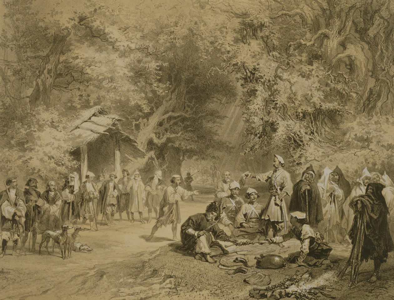 Einde van de jacht, Mingrelia, plaat 6 uit een boek over de Kaukasus, gegraveerd door Adolphe Mouilleron, uitgegeven door Alfred Leon Lemercier, Parijs, 1847 door Grigori Grigorevich Gagarin