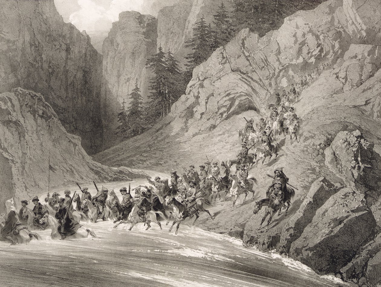 Tcherkersseians op een overval nabij de Zwarte Zee, plaat 4, uit een boek over de Kaukasus, gegraveerd door Eugene Ciceri en Adolphe Jean-Baptiste Bayot, uitgegeven door Alfred Leon Lemercier door Grigori Grigorevich Gagarin