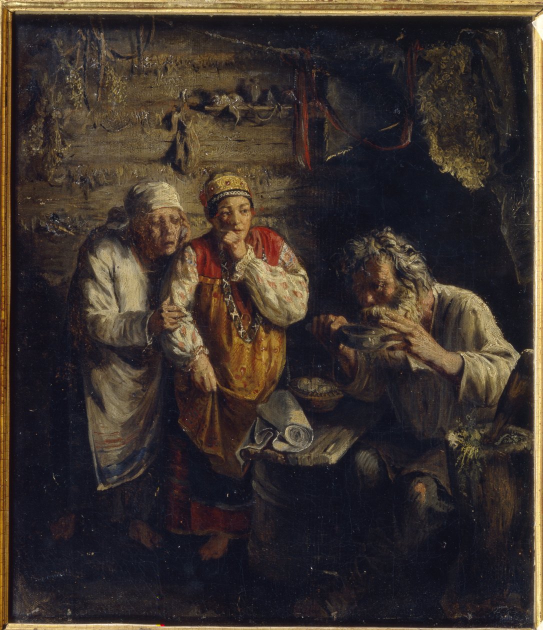 De genezeres. In een arme, landelijke hut observeren twee vrouwen met blote voeten en gekleed in folkloristische jurken bezorgd een oude man die een kruidenmiddel drinkt. door Grigori Grigoryevich Myasoedov