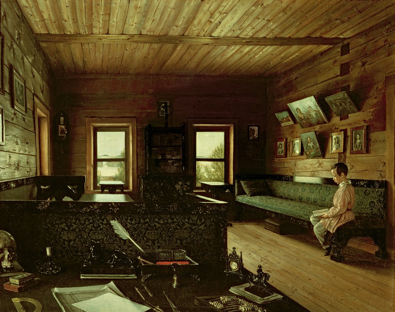 De Studie in het Huis van Nikolai Milyukov in Ostrovky, 1844 door Grigori Vasilievich Soroka