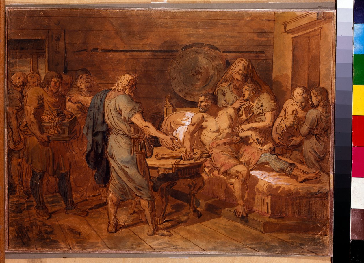 De oproep van Kuzma Minin (overleden in 1616) aan prins Dmitri Pozharsky (1577-1642) - Werk van Grigori Ivanovich Ugryumov (1764-1823), aquarel en wit op papier, circa 1800 door Grigoriy Ivanovich Ugryumov