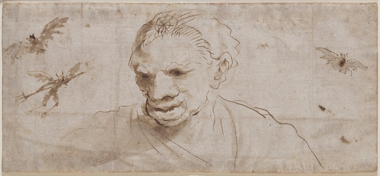 Een Heks, Twee Vleermuizen en een Demon in Vlucht, vroege 17e eeuw door Giovanni Francesco Barbieri