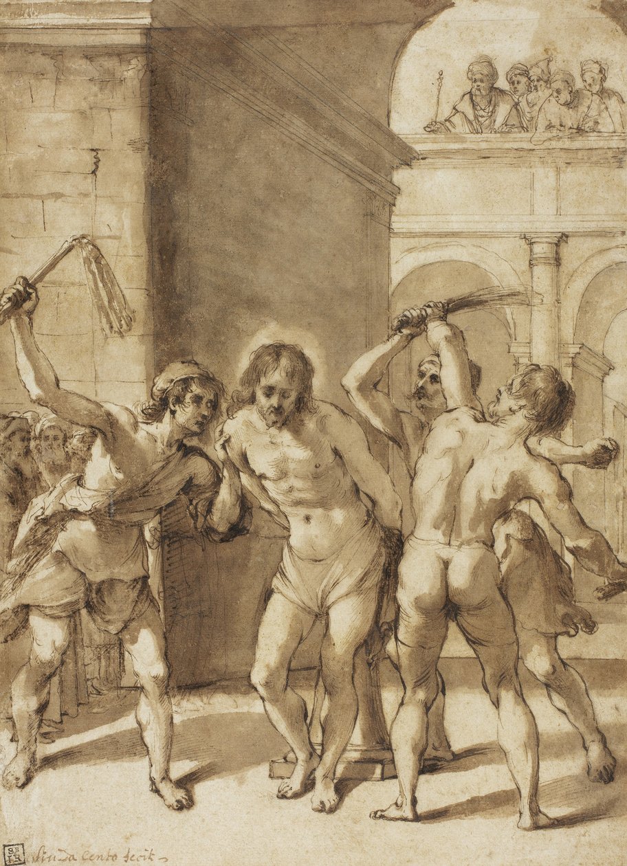 Flagellatie van Christus (pen  bruine inkt, met penseel  bruine wassing  sporen van grafiet, op crèmekleurig gelegd papier) door Guercino (1591-1666) (school of)
