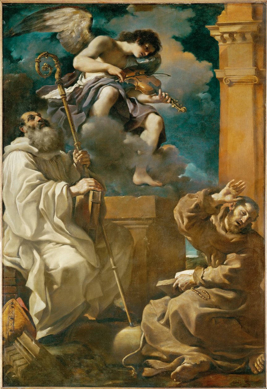 Sint Franciscus in extase en Sint Benedictus met een engel ... door Guercino (1591-1666)