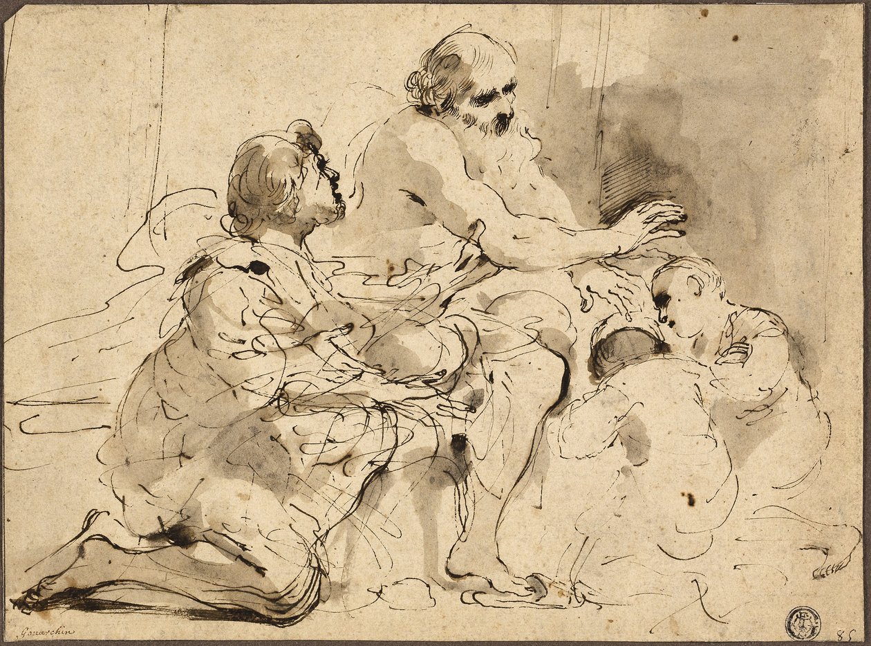 Studie voor Jacob zegent de zonen van Jozef, ca. 1620 (pen en bruine inkt met penseel, grijs en bruin gewassen) door Guercino (1591 1666)