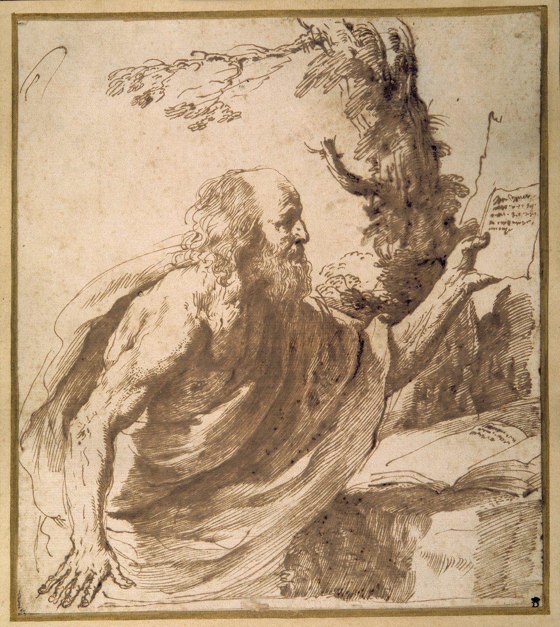 Een heilige die leest in de woestijn door Guercino