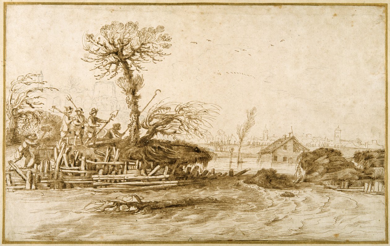 Een rivier in overstroming, en boeren met bijlen en andere gereedschappen door Guercino